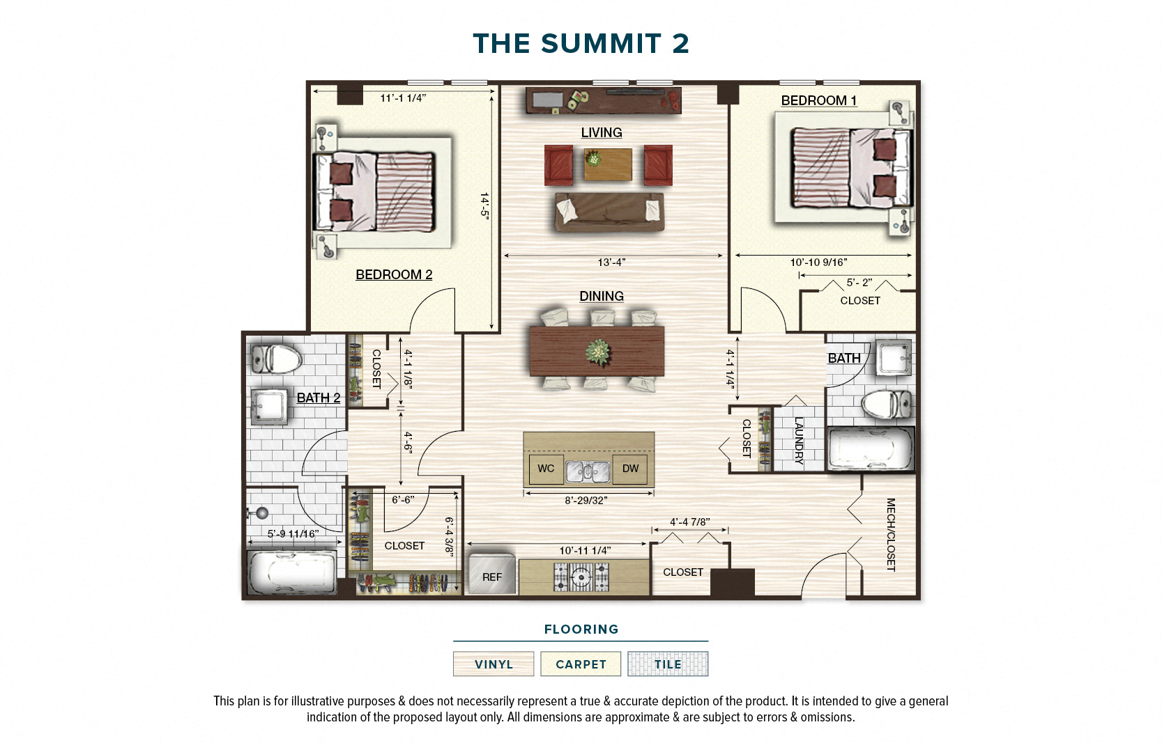 Floor plan for 2 beds, 2 baths, 1149 sqft